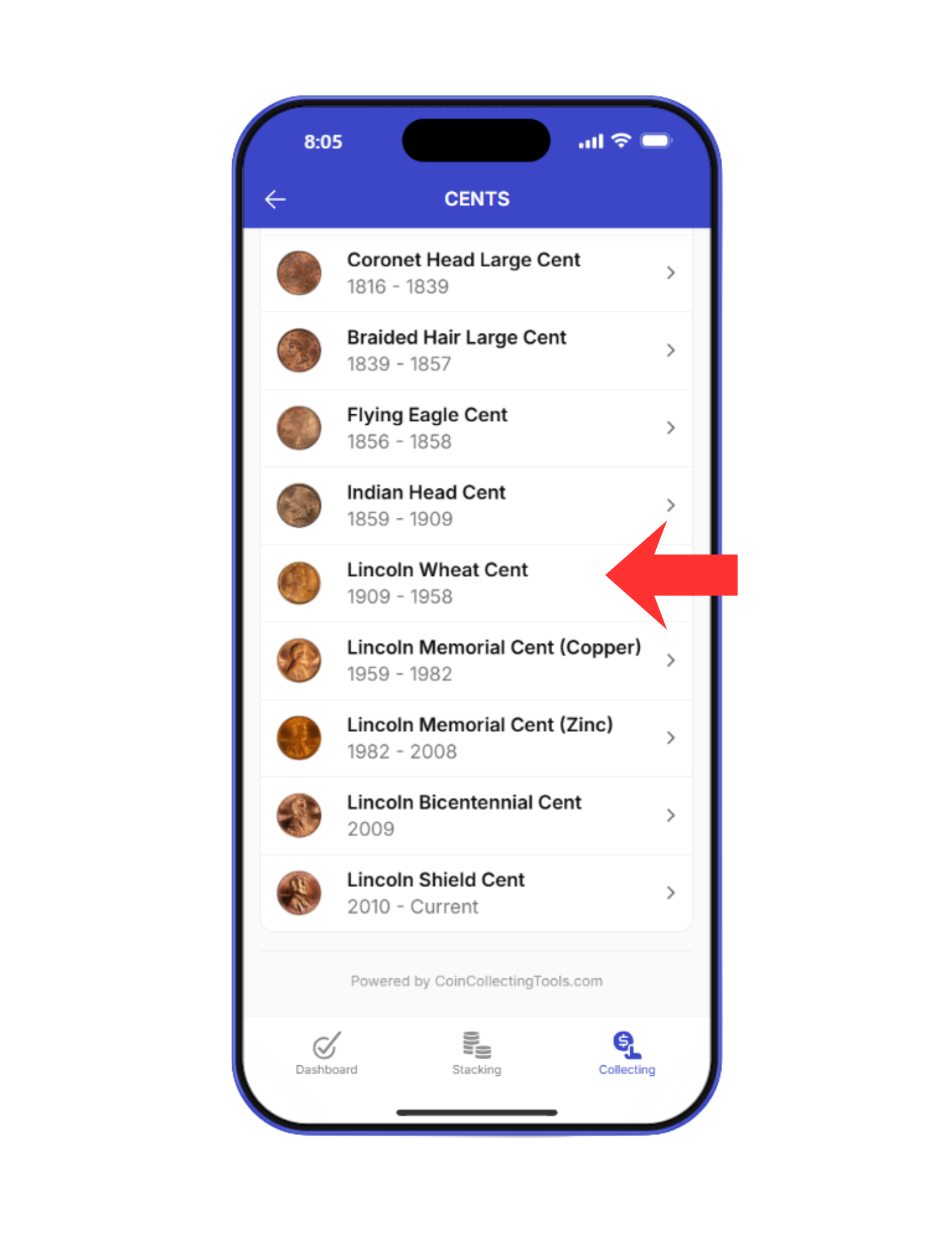 an app on a phone screen choosing which cent coin to look at