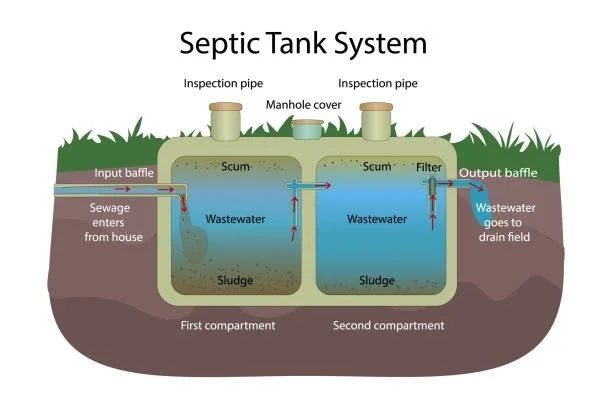 Diagram of a septic tank system showing two compartments, input and output baffles, inspection pipes, manhole cover, scum and sludge layers, wastewater flow, filters, and drain field.