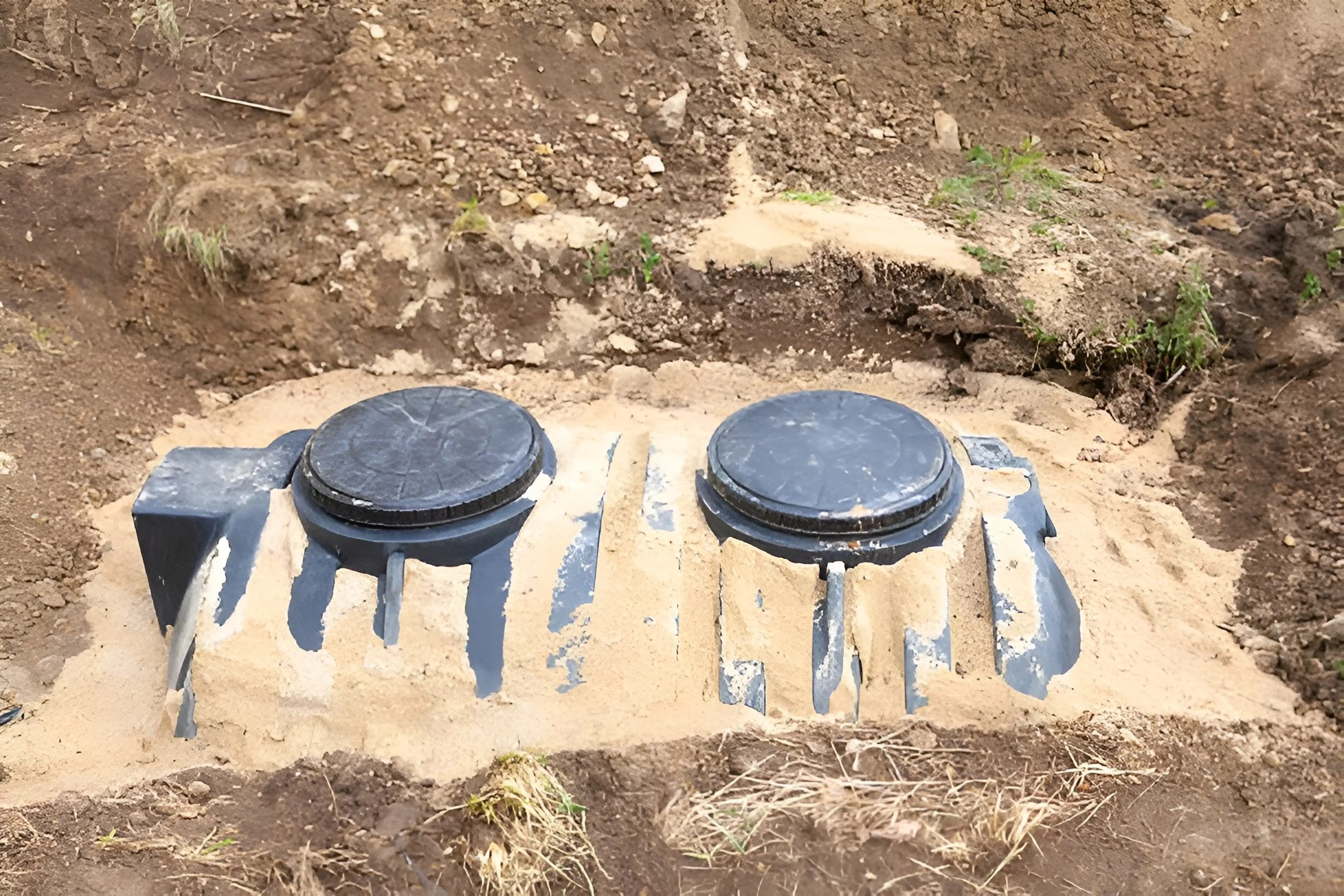 Septic tank installation with tank being buried on residential property