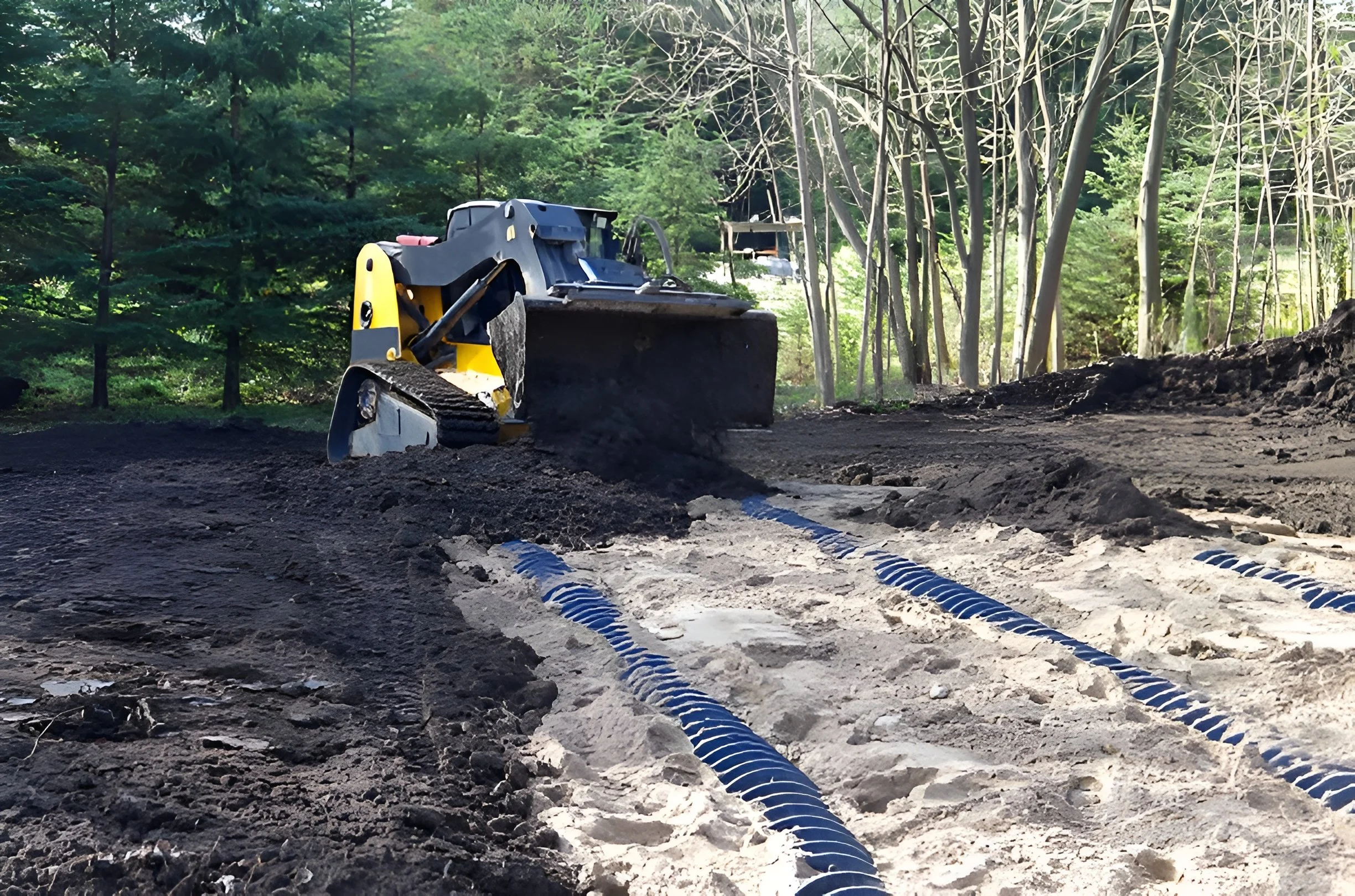 septic field excavation services with skid steer preparing drain area