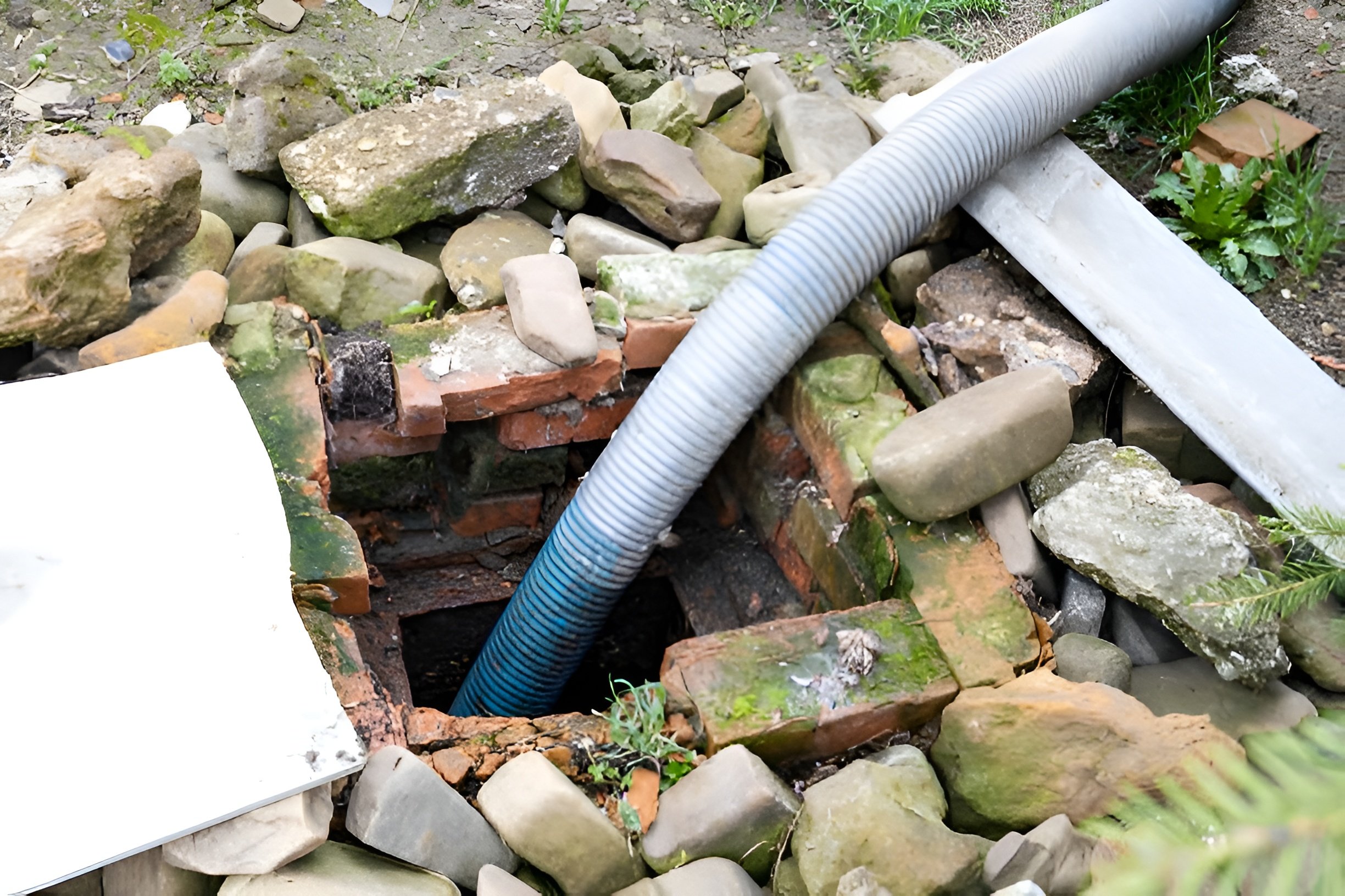 septic pipe repair with exposed corrugated drain line