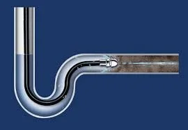 Illustration of a pipe with a U-bend connecting to a straight pipe, with water flowing through it.