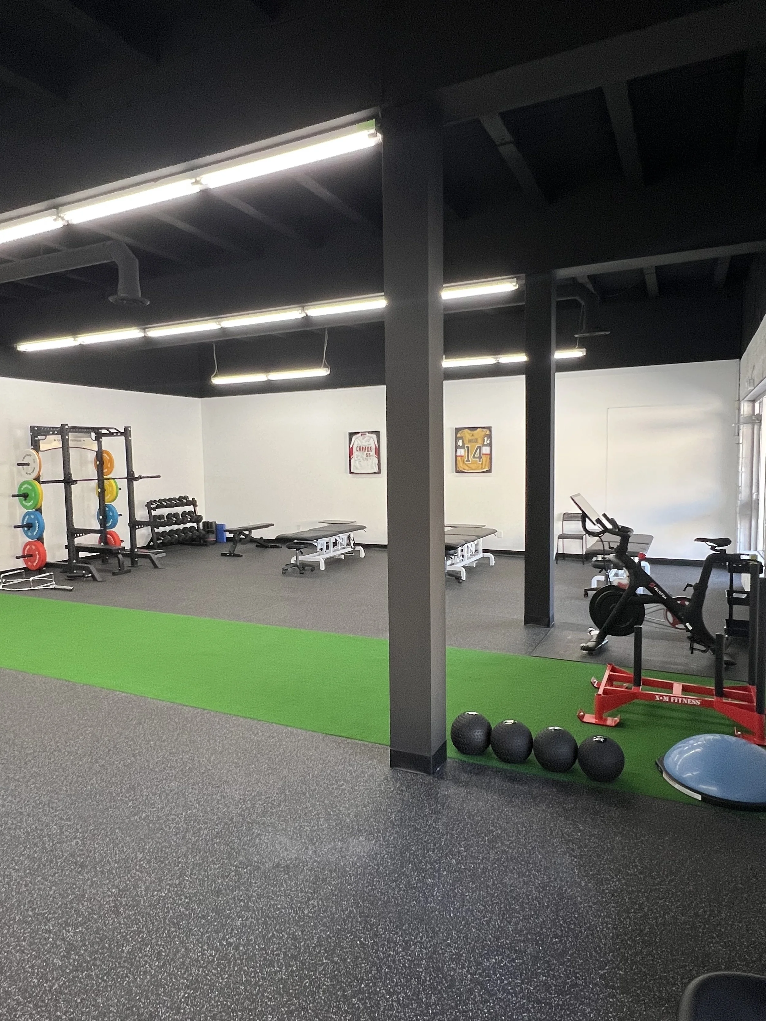 Gym with black and gray flooring, weightlifting equipment on the left, sunlight coming through the window, exercise bikes, medicine balls, and artificial turf.