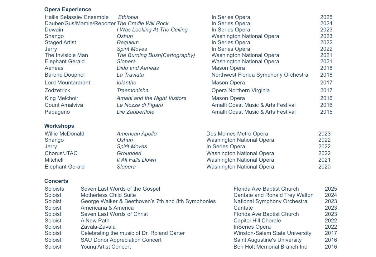 A list of musical performances, including opera, workshops, and concerts, with titles, performers, venues, and dates from 2015 to 2025.