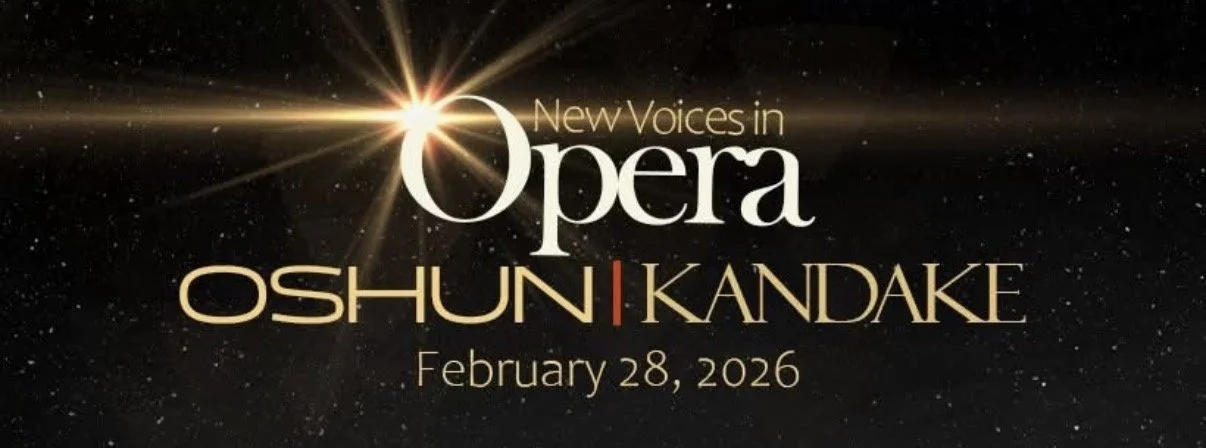 Announcement for a new opera titled 'Oshun I Kanda,' premiering on February 28, 2026, with a cosmic background and a bright starburst.