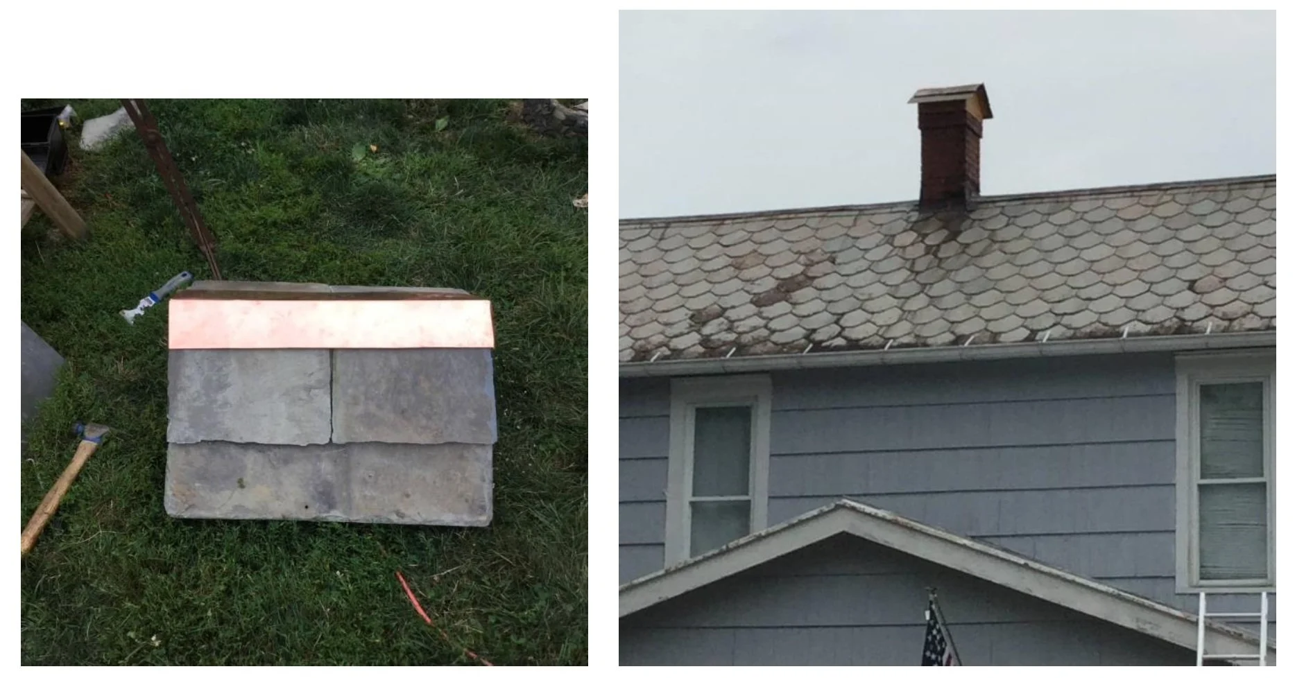 Chimney cap of slate and copper