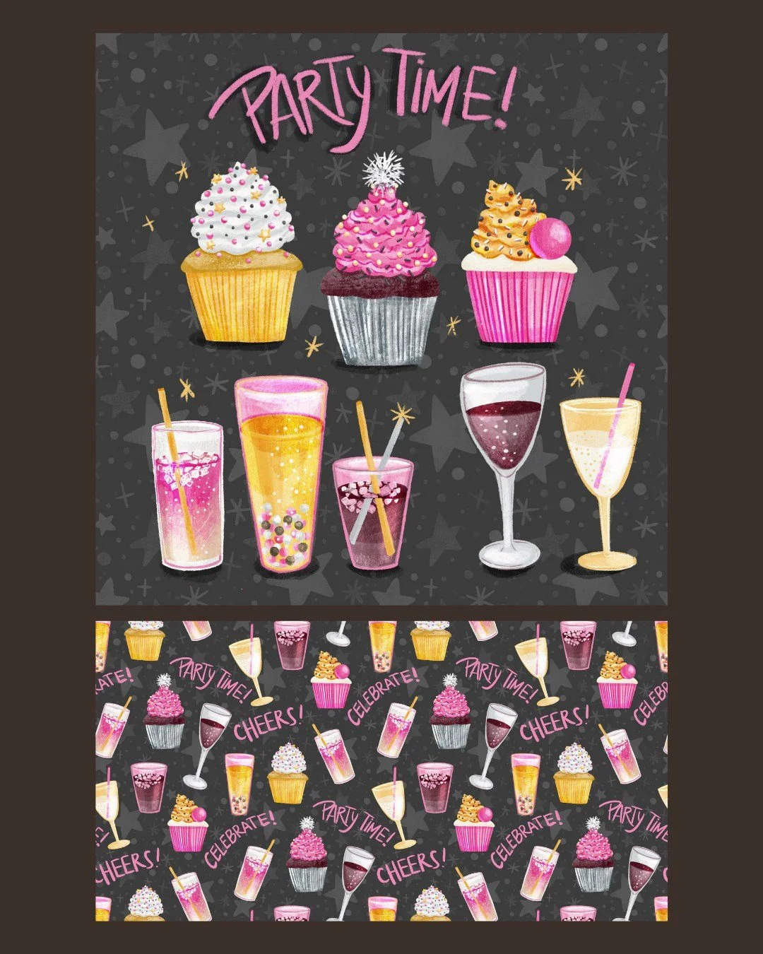 From pattern &rarr; product (mockup), from me &rarr; you ✨🎉

This party-ready artwork started as a hand-painted pattern and was brought to life through a product mockup&mdash;a fun way to imagine how it could live on cards, wrap, and giftable goodie