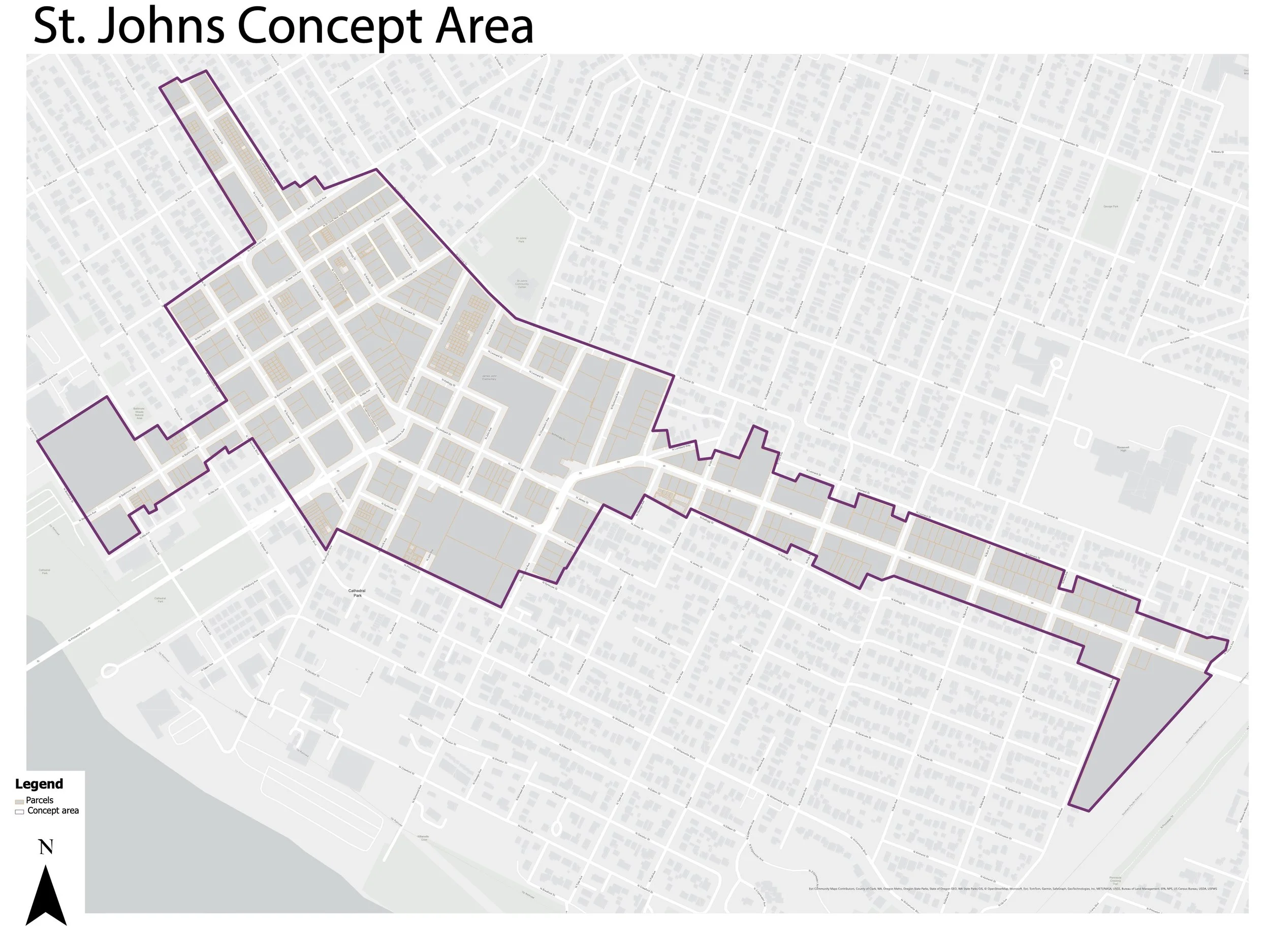 Map showing the St. Johns Concept Area outlined in purple, with parcels and streets, in a neighborhood. It includes a legend indicating parcels and the concept area, with a north arrow in the bottom left corner.