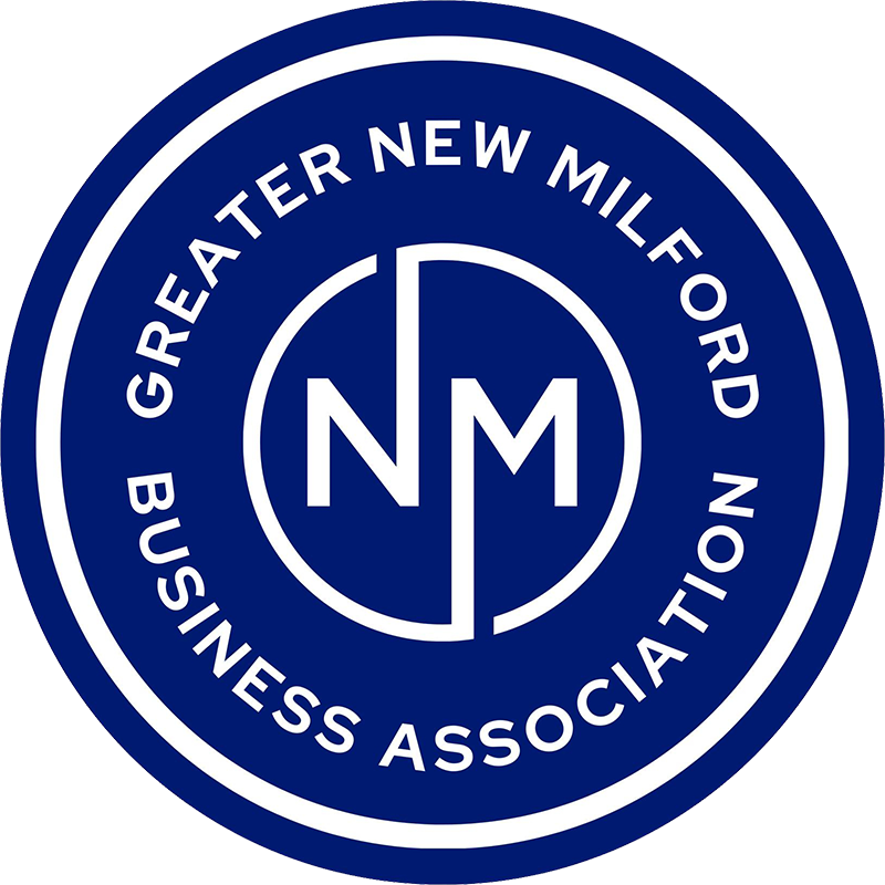 A round blue logo with white text and design featuring the words "Greater New Milford Business Association" around the edge and a stylized "NM" in the center.