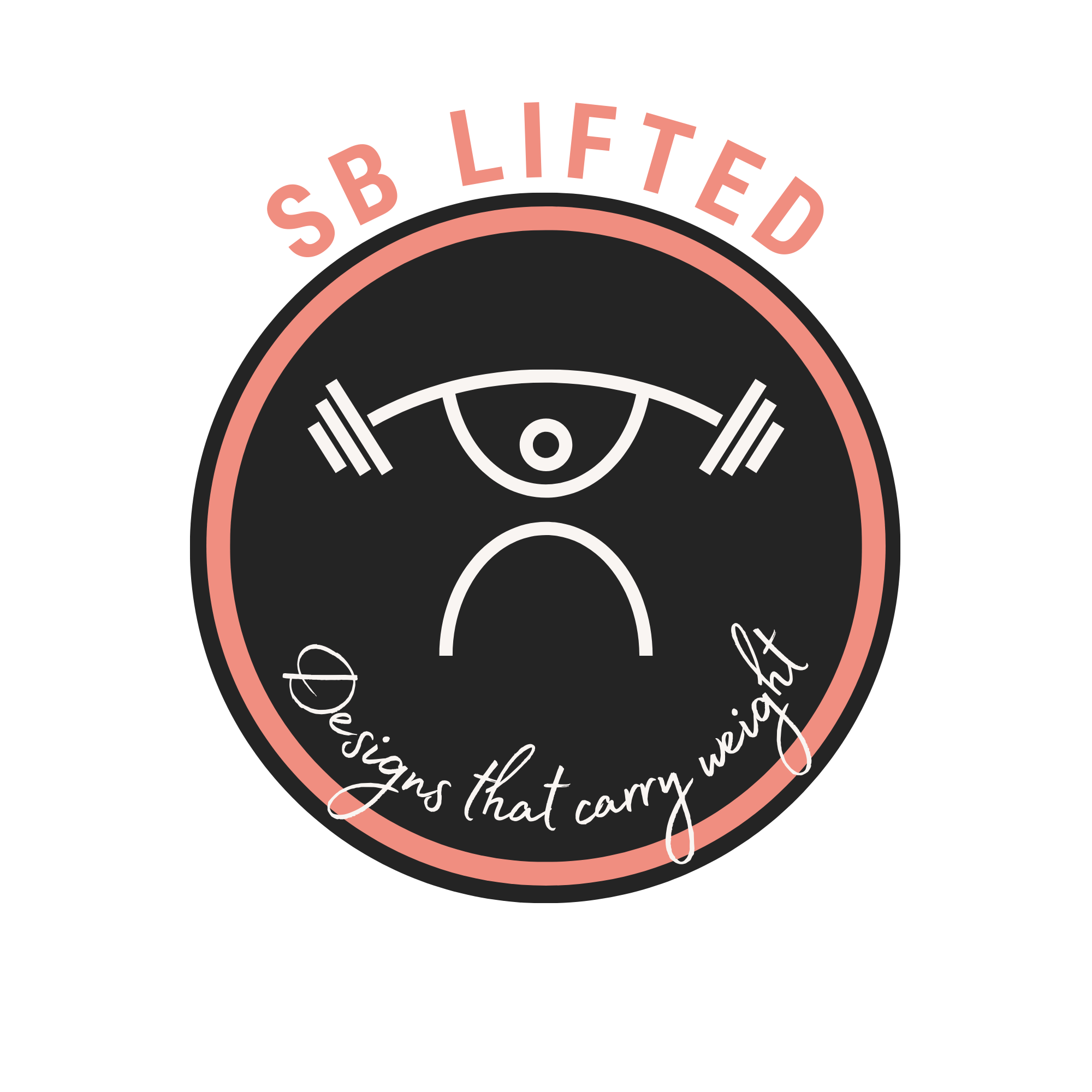 Logo with the letters 'S' and 'B' in stylized fonts, surrounded by a dashed circle and an illustration of a barbell.