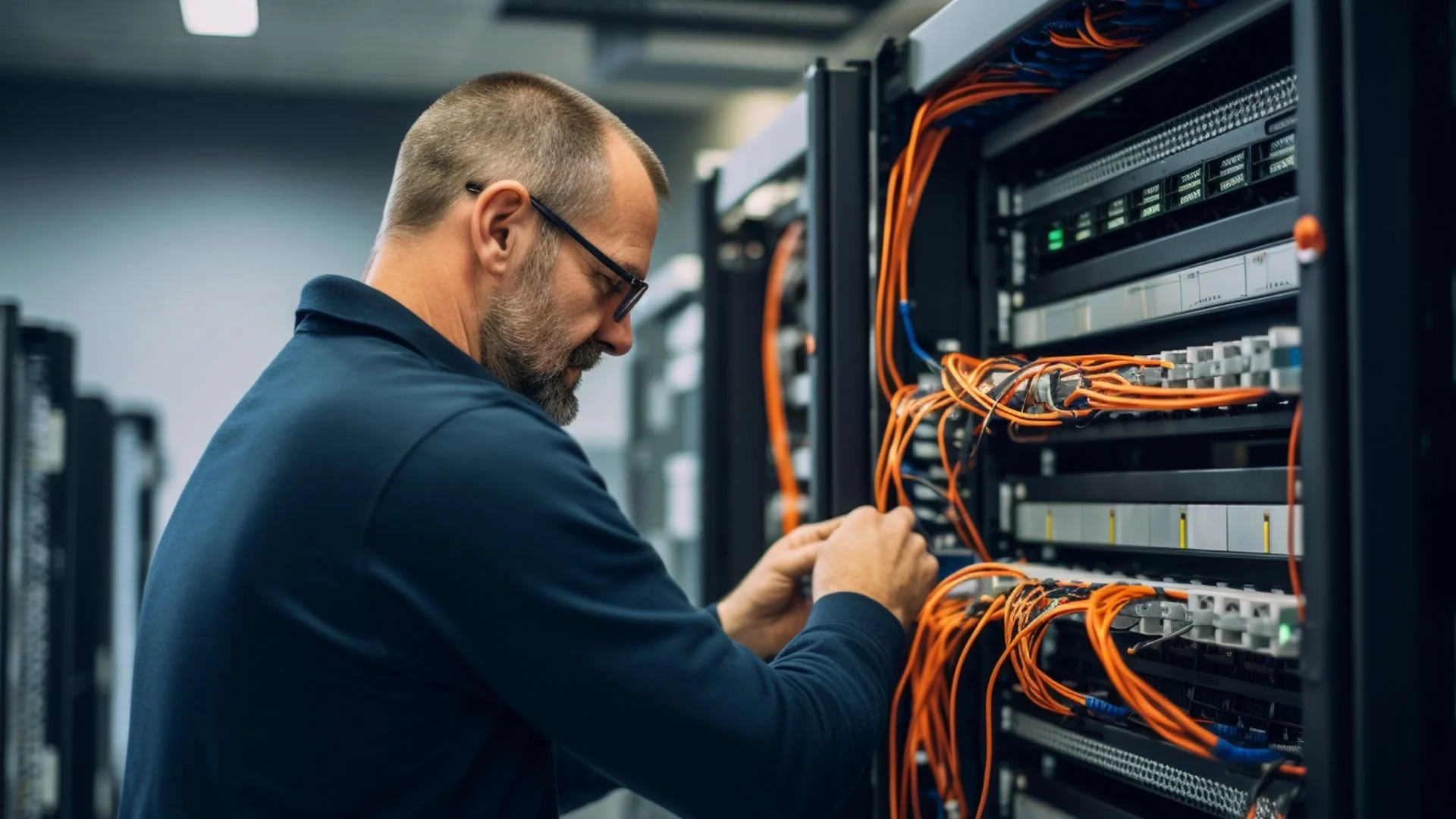 Systems engineer installing network hardware at airport site