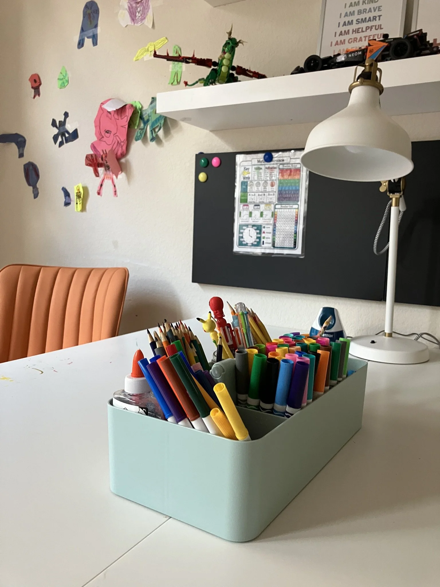 an organized playroom desk