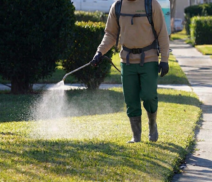 Person using a backpack sprayer to apply solution to lawn