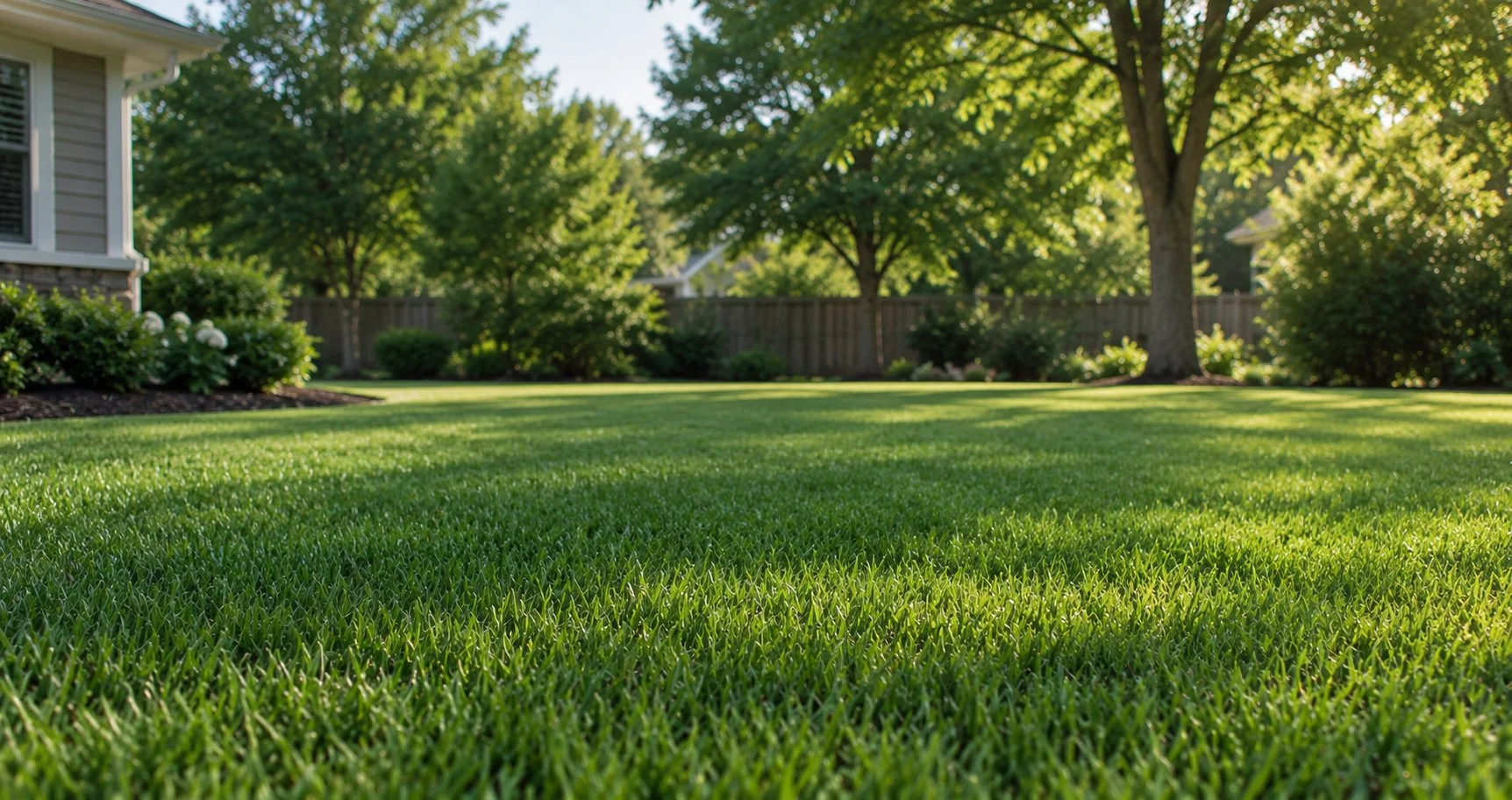 A young man kneeling on the grass playing with a Dalmatian dog outside a house with green plants and white columns.