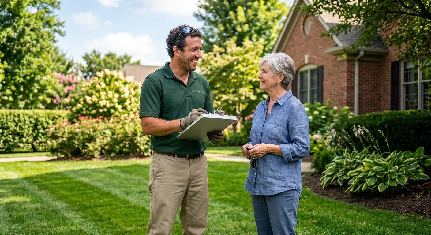 lawn technician talking to customer