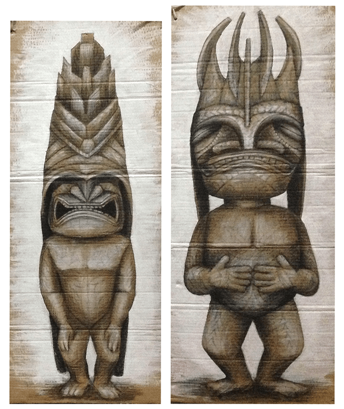 Messenger and Well Being. Charcoal, gesso, ink on cardboard, 2014