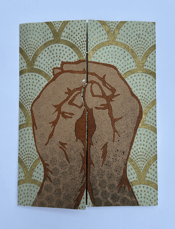 Closed; lino cut print, spray, collage.