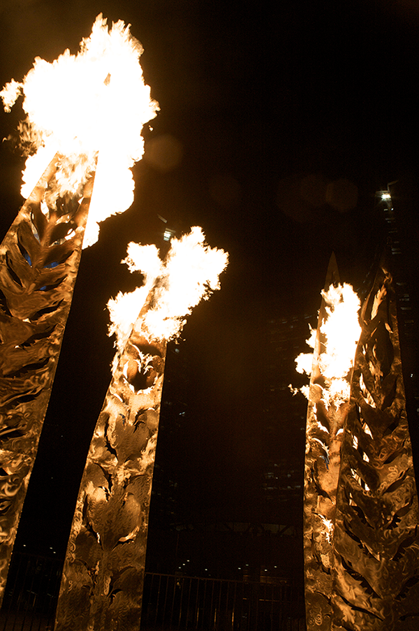 Propane poofs in feathers. photo: Jess Hobbs 2010