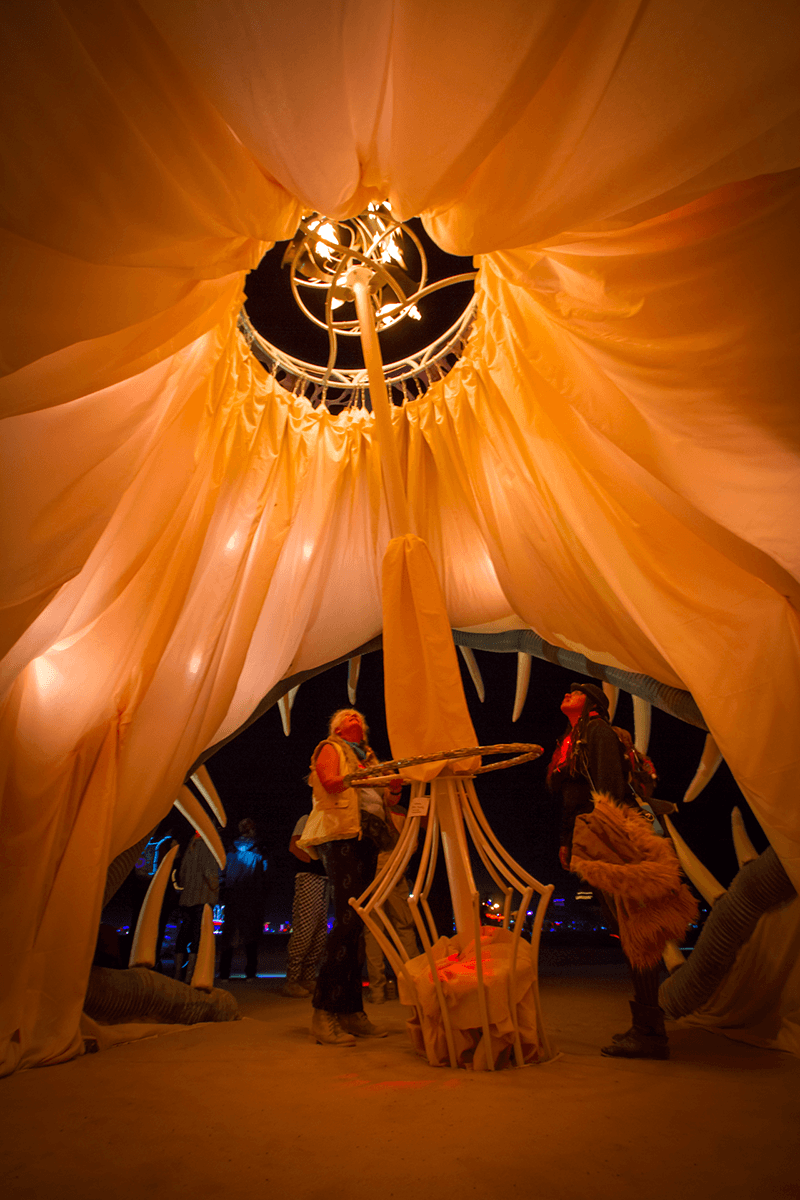 Illumacanth interior at night, with light and flame effects, and central kinetic element. photo: Michael Prados 2015