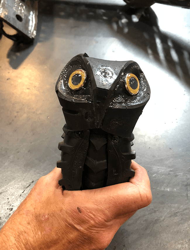Tiny Owl (2018), recycled tires, for Wes Skinner's 'Wrong Desert' sculptural installation