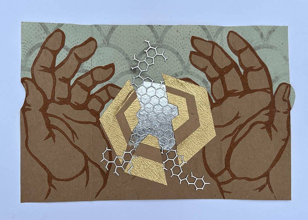 Open hands, unexpected evolution. Print, alu perf, collage.