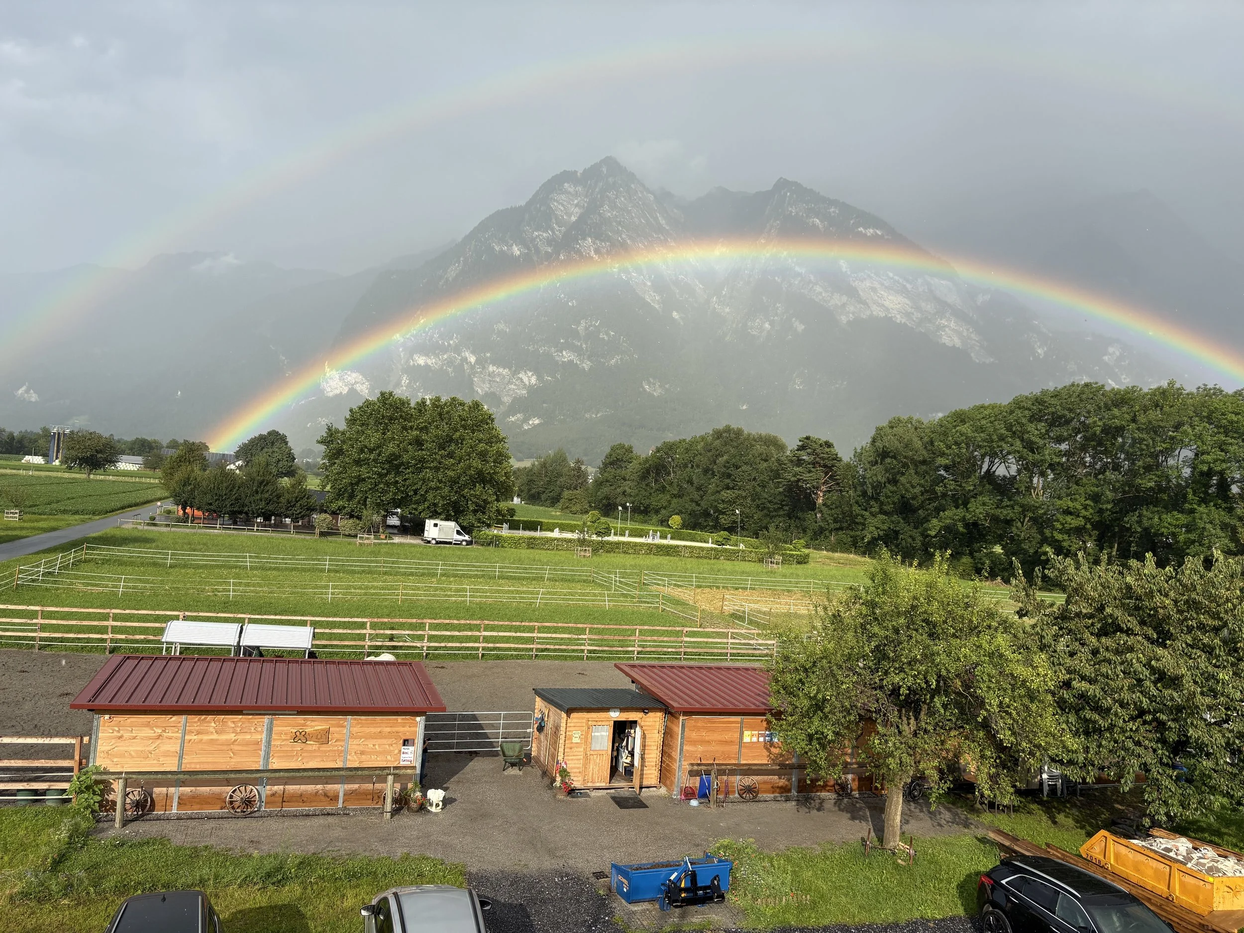 Blick auf einen kleinen Reitstall mit Pferden und Scheunen vor einer Bergkulisse mit grünen Hügeln und hohen Bergen.