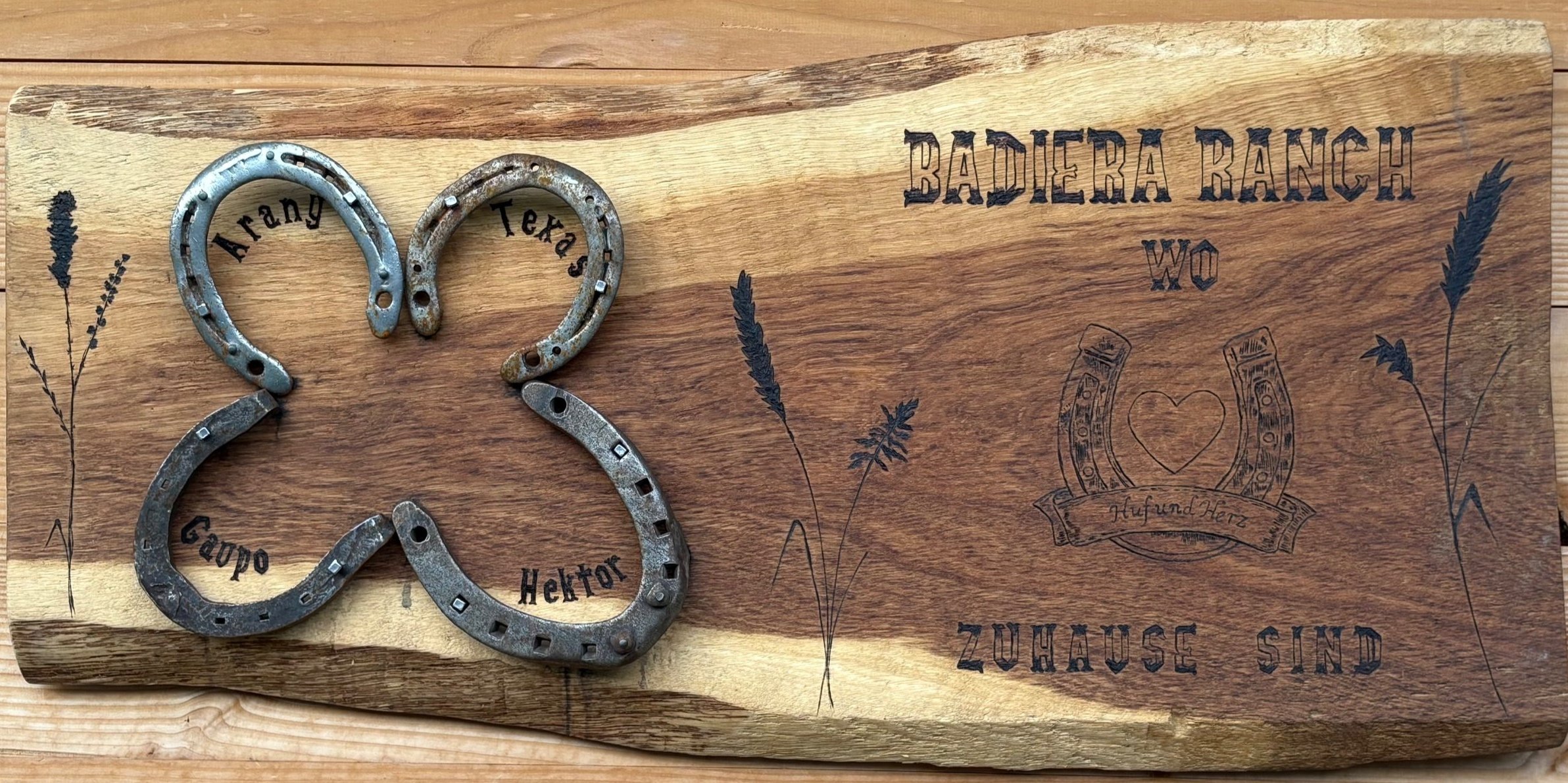 Holzschild mit der Aufschrift "Badiera Ranch" und Metall-Hufeisen.