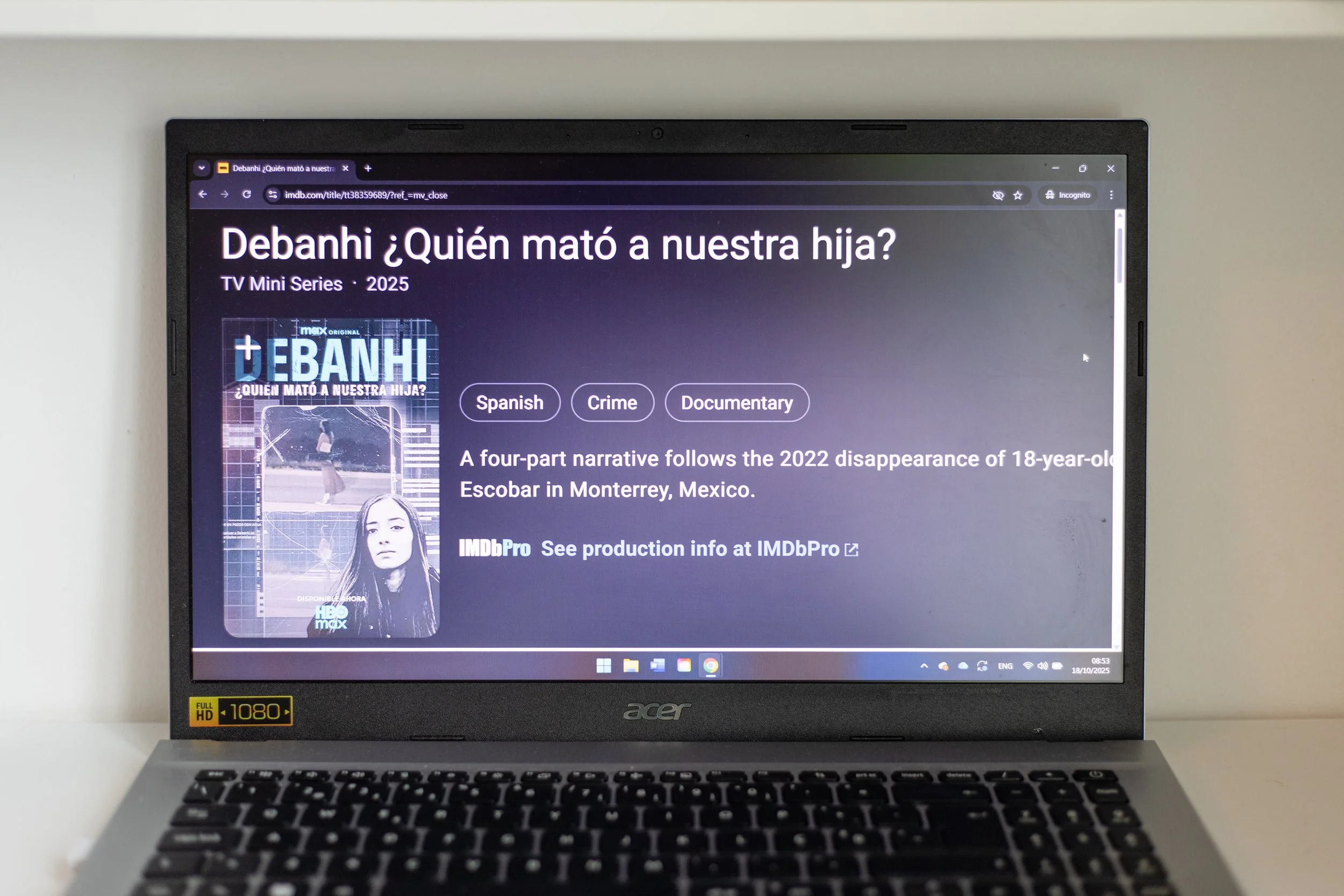 Photo of a screen on a laptop showing an overview of a documentary summary
