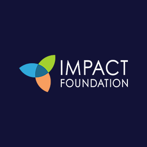 Impact Foundation logo with a multicolored leaf design and white text on a dark background.
