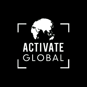 Logo featuring a globe with the text 'Activate Global' below it on a black background.