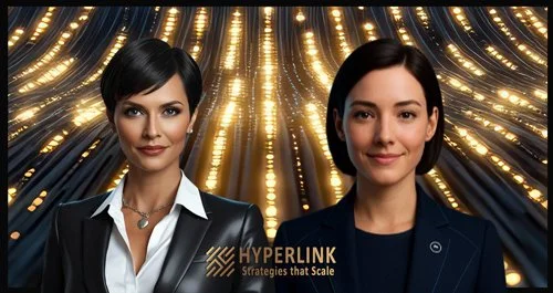 Two women in professional attire standing in front of a background with gold lights, with a Hyperlink logo at the bottom.
