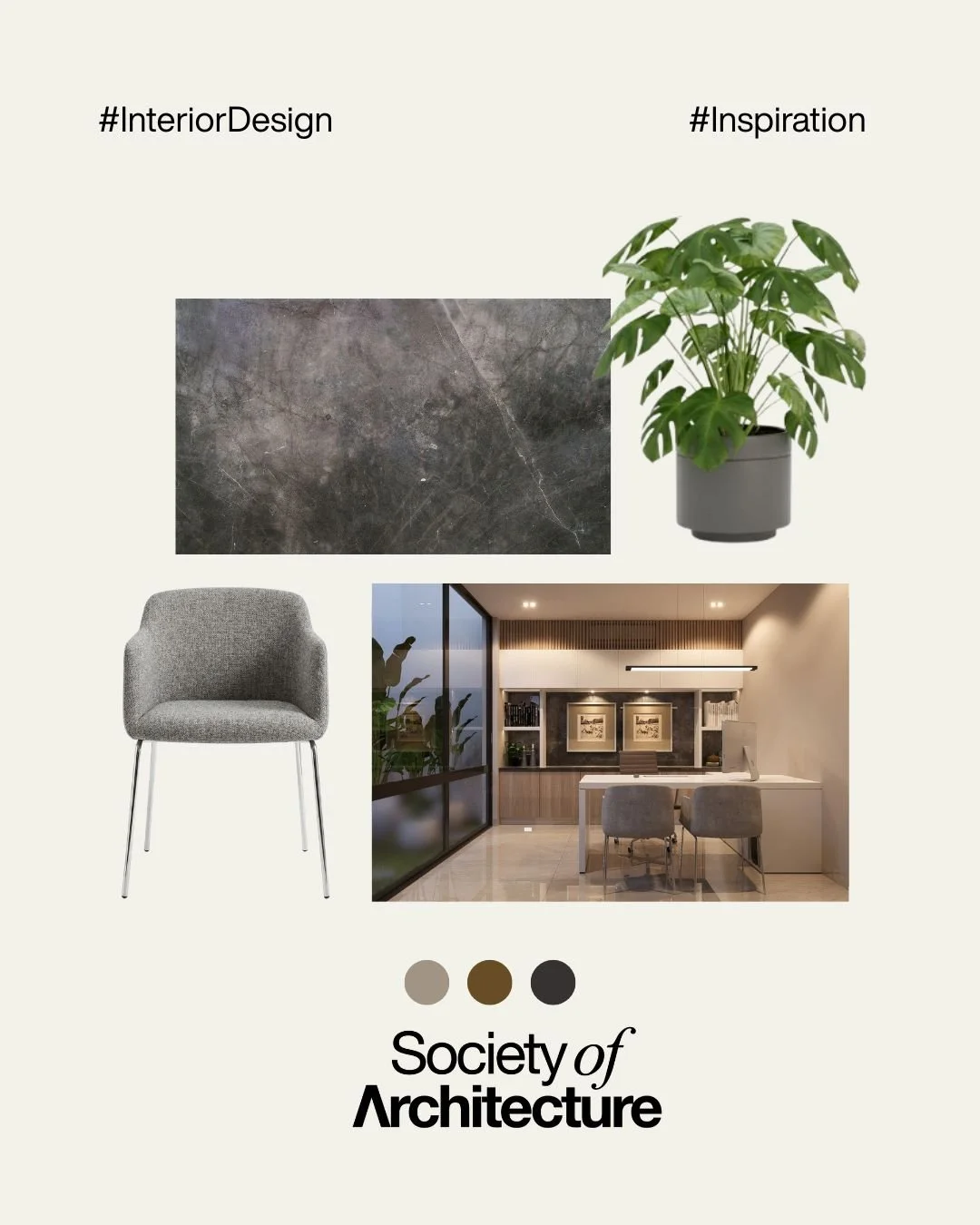 En este concepto de dise&ntilde;o, fusionamos la fuerza visual del concreto con la calidez de la madera y la frescura de la vegetaci&oacute;n. El resultado es un espacio de trabajo que se siente moderno, pero sumamente acogedor. ​

#SocietyOfArchitec