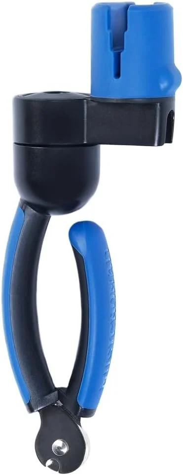 A close-up of a black and blue bicycle lock with a U-shaped shackle and a combination lock mechanism.