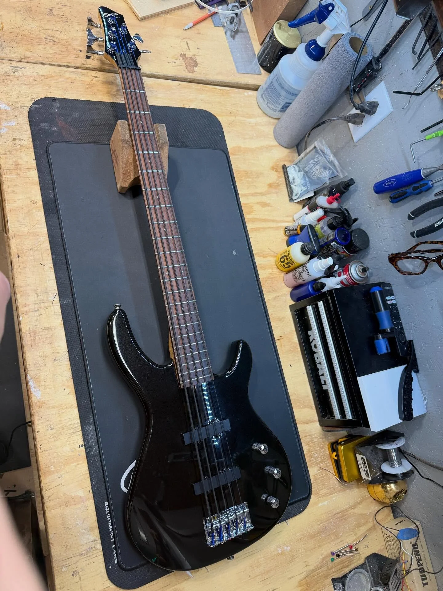 Squier bass in for a setup and some tapewounds #luthier #nashville #musiccity #guitarrepair #bass #squier