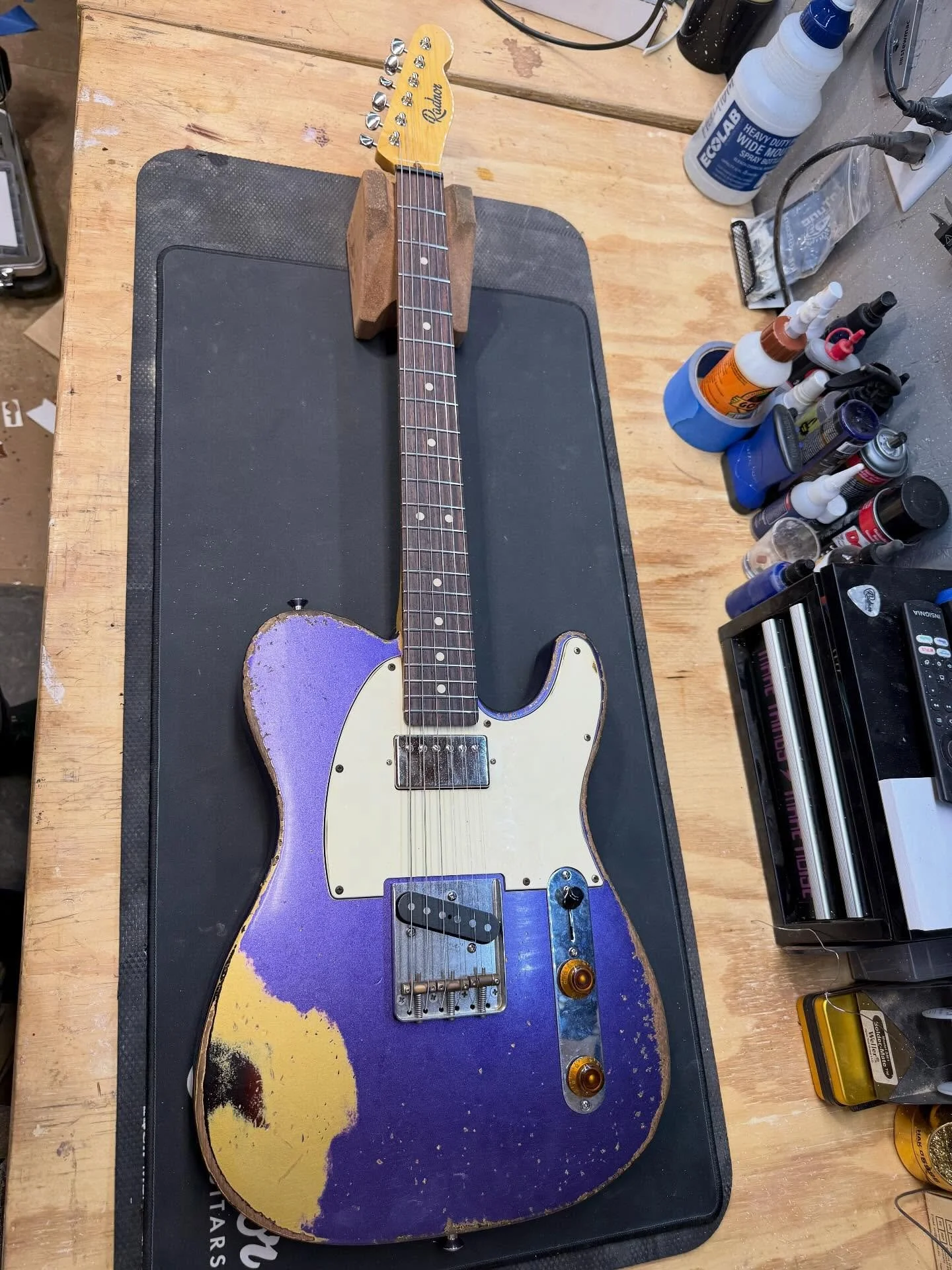 Partscaster build for @ogrickg Sweet metallic purple/gold/burst heavy relic finish. Sounds great. Ended up at 7.4 lbs. Perfect weight for a Tele. Hit me up to build your partscaster. I&rsquo;ll do all the modifications it needs to be setup just right