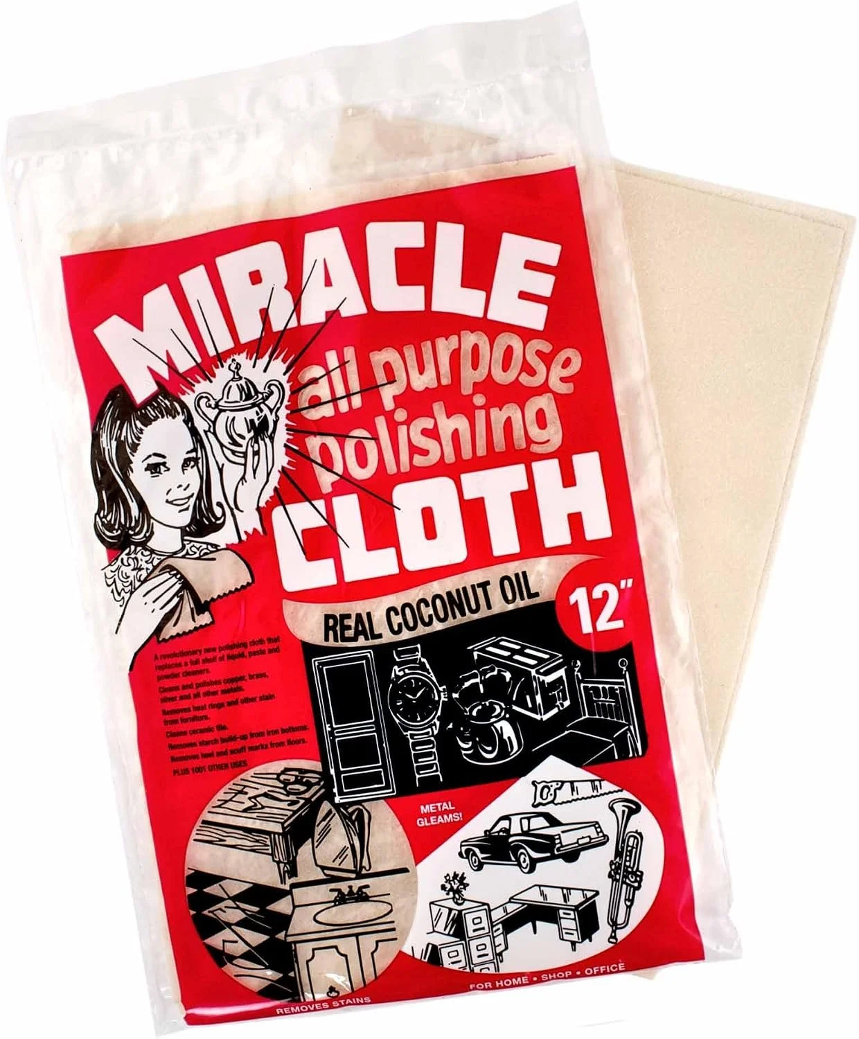 A package of Miracle all-purpose polishing cloth with real coconut oil, 12 inches, designed for cleaning various surfaces like furniture and appliances.