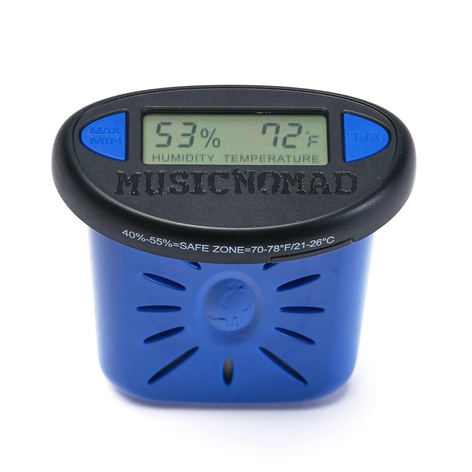 Digital hygrometer and thermometer displaying 53% humidity and 72°F temperature, with a blue plastic casing and the brand name 'MUSICMAD' embossed on top.