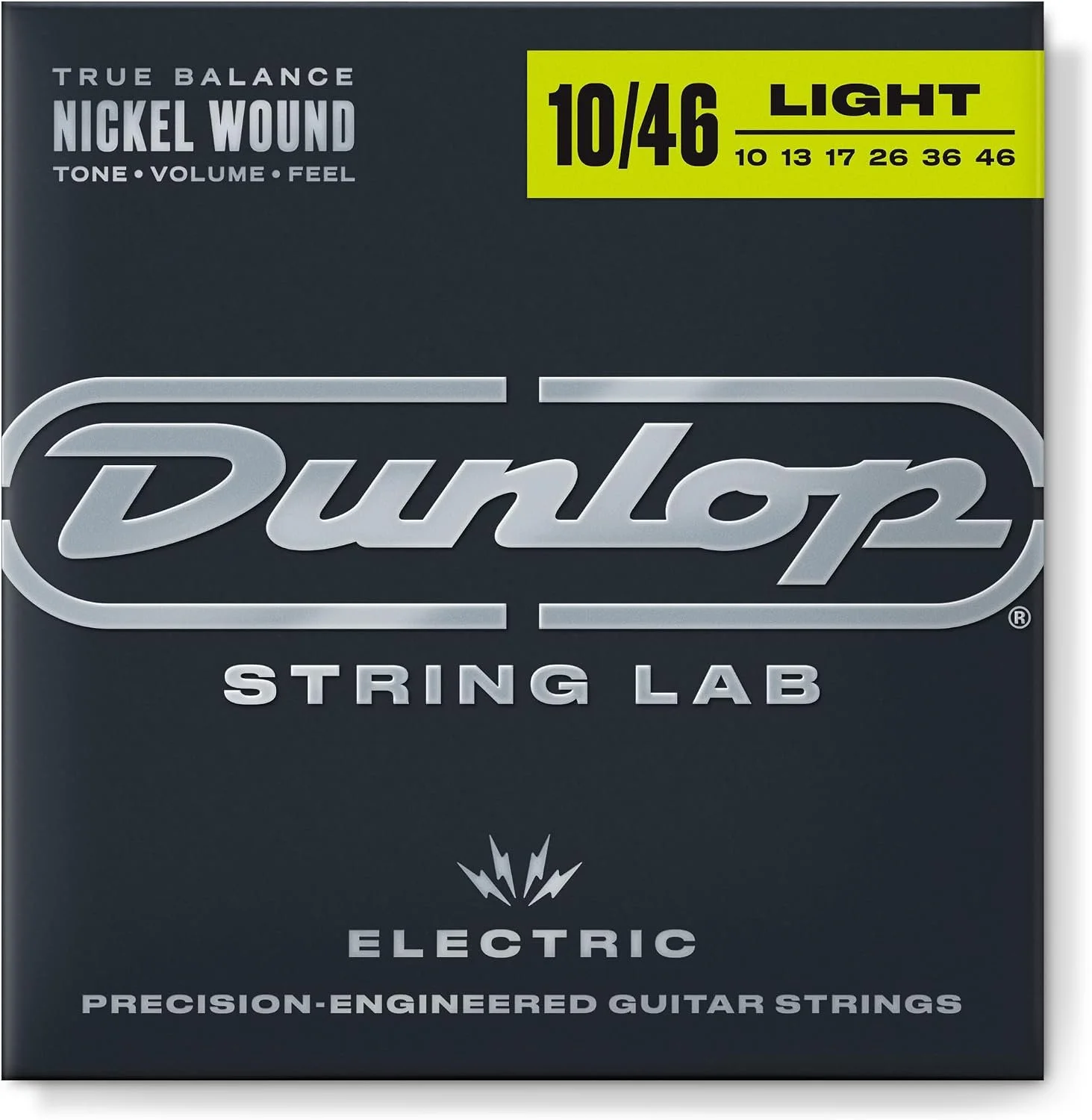 A box of Dunlop electric guitar strings, Nickel Wound, Light gauge, with the model 10/46, 10, 13, 17, 26, 36, 46.