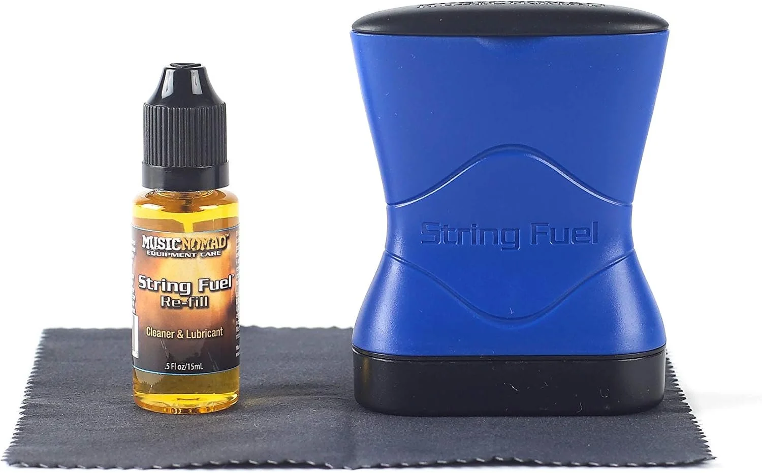 A small bottle of string fuel re-fill, a blue string winders, and a cleaning cloth on a white background.