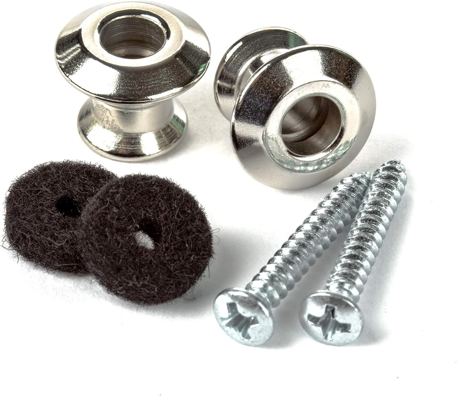 Two metallic rollers, two black mesh rings, and two silver screws on a white background.