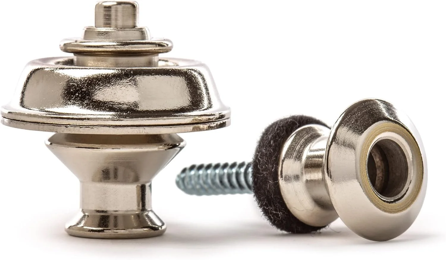 Close-up of metal skateboard truck and screw with a washer and black cushion, on a white background.