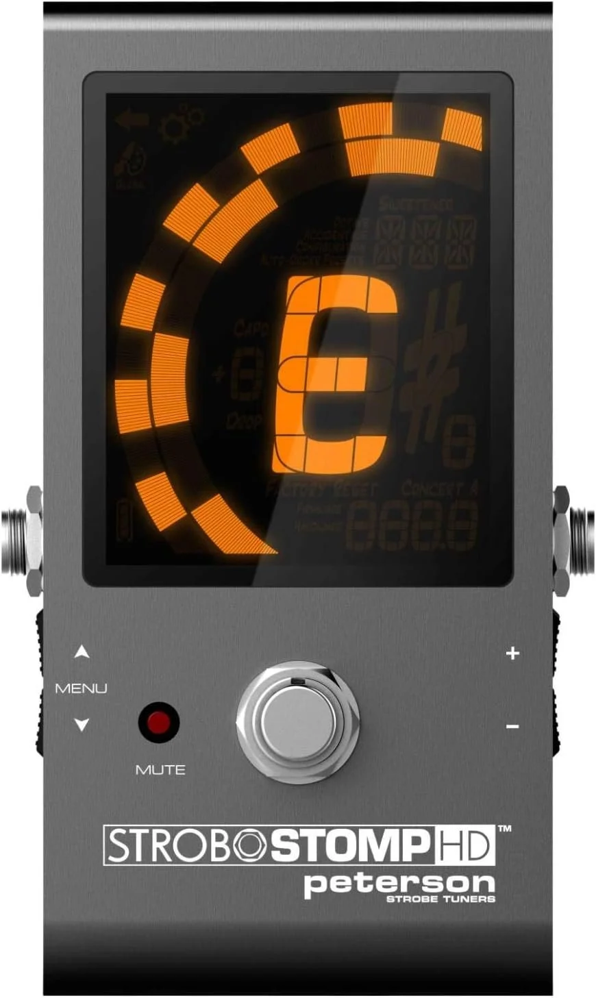 An electronic Peterson STOBO STOMP HD strobe tuner with an orange display showing the letter 'C' and a semi-circular graphical indicator.