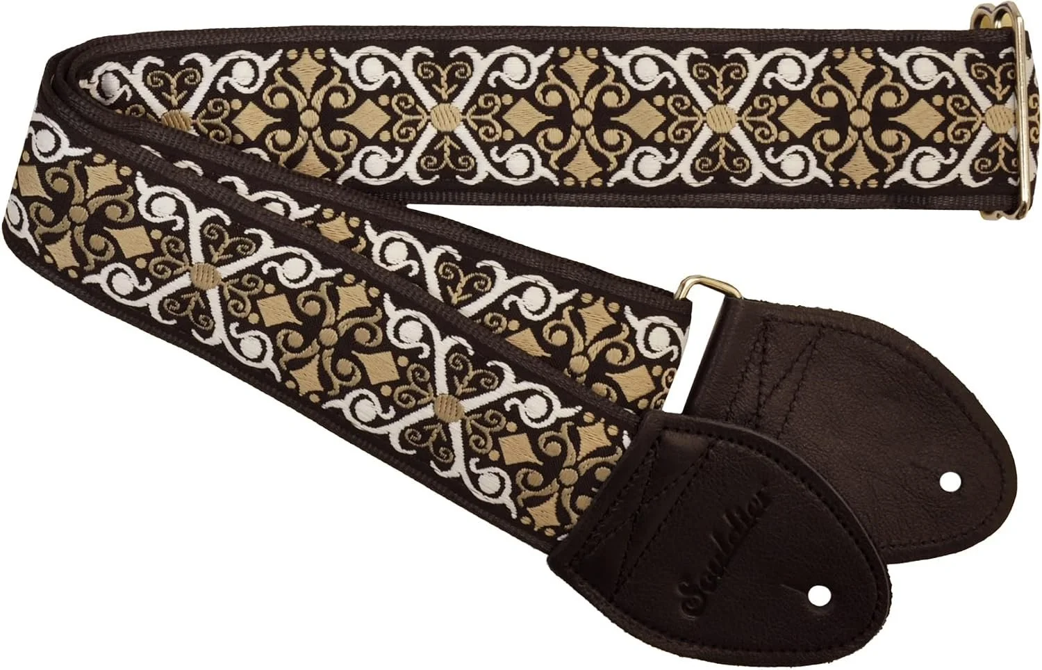 Guitar strap with an intricate gold and white pattern on a dark background and leather ends with brand name 'Souldier' embossed.