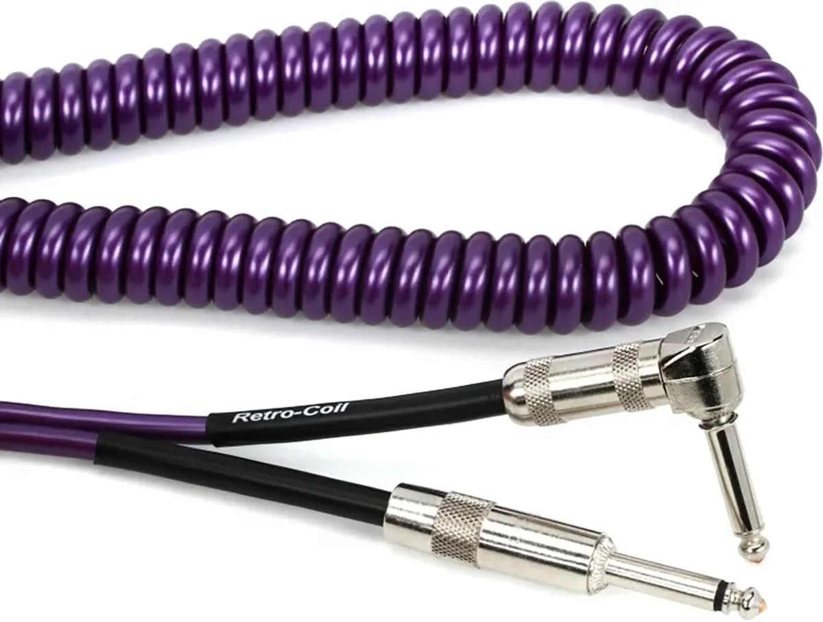 Purple coiled cable with silver connectors and adjustable knobs, labeled "Retro-Coil."