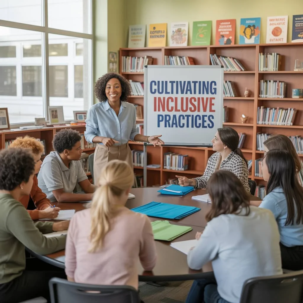 A woman standing at a table giving a presentation on cultivating inclusive practices to a diverse group of people in a library or classroom setting.