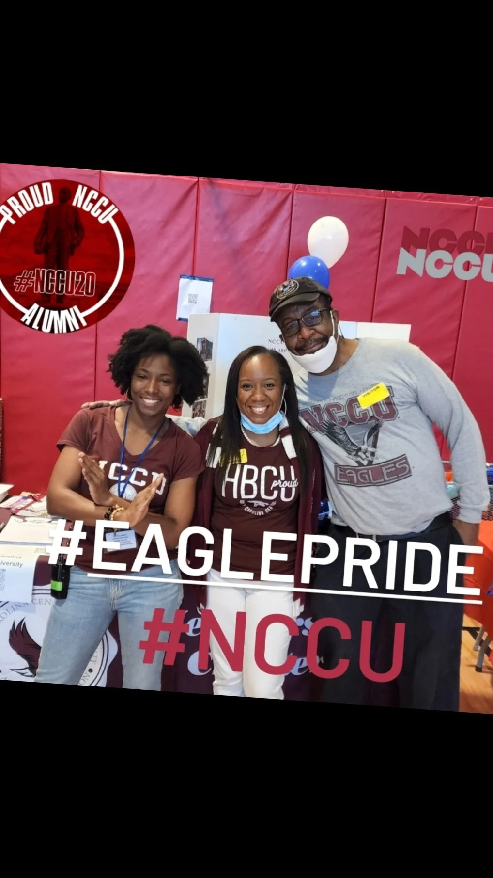 Three people smiling at an event booth with a red backdrop, balloons, and NCCU branding. The image features hashtags #EaglePride and #NCCU.