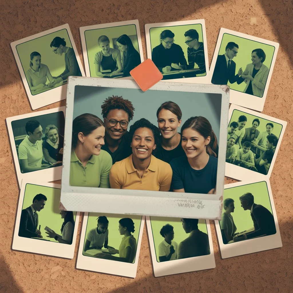 Diverse women educators smiling together, surrounded by images of collaborative meetings and leadership discussions"