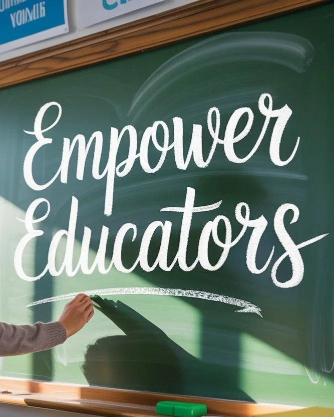 A person writing on a green chalkboard with a white chalk, with the words "Empower Educators" written in large white cursive letters.