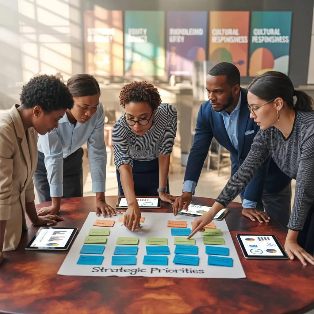 Diverse professionals collaborating around a table with a 'Strategic Priorities' poster, sticky notes, and tablets showing charts"