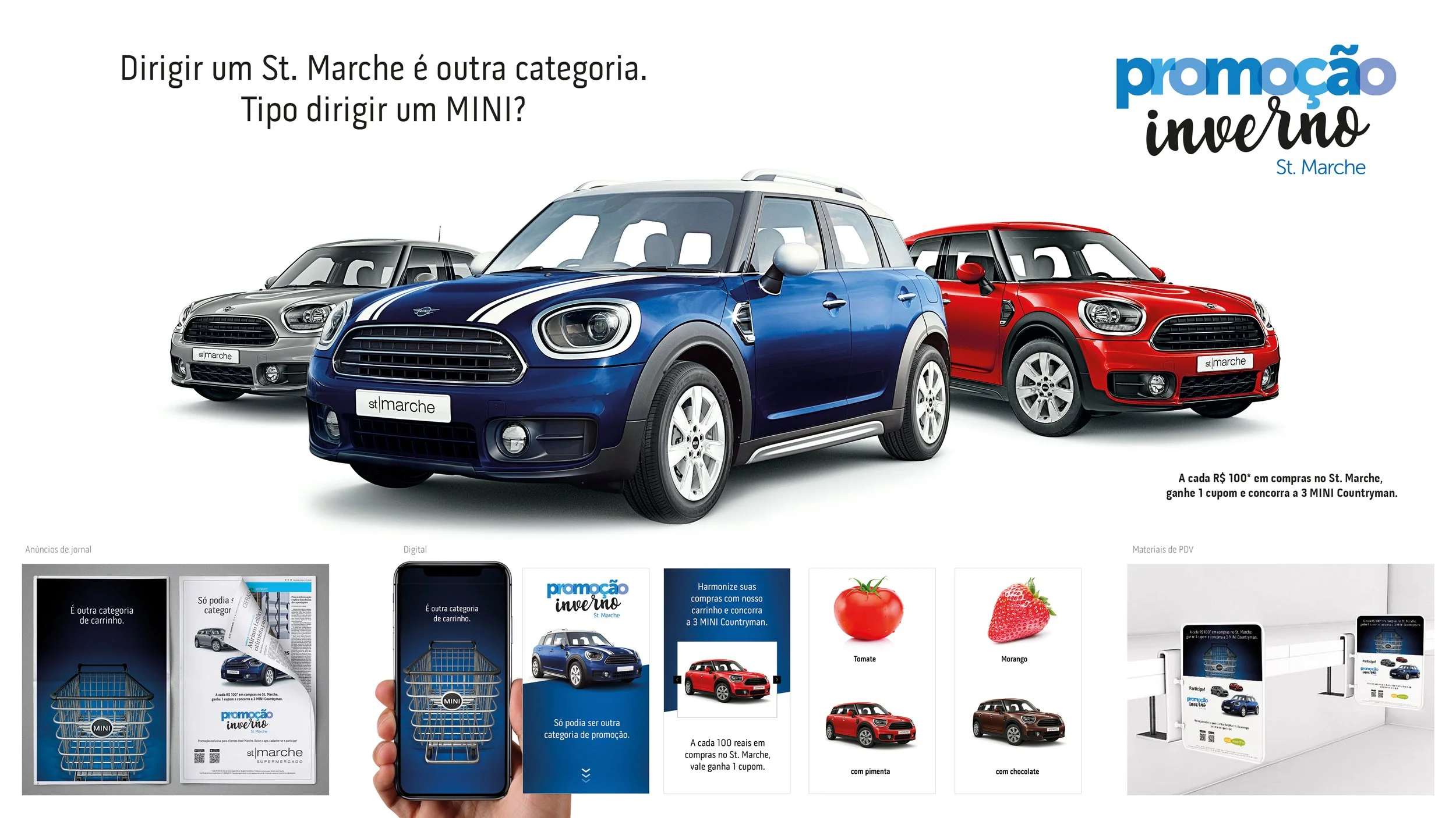 Campanha de inverno da MINI em parceria com o St. Marche, unindo live marketing, marketing de experiência e ativação no varejo premium, com sorteios de cupons e materiais de ponto de venda.